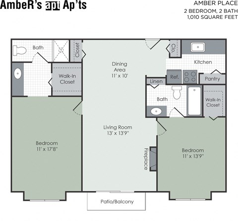 Floor plan for 2 beds, 2 baths, 1063 sqft